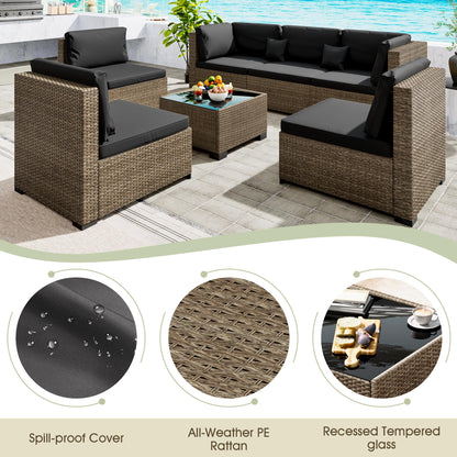 LHBcraft 7 Piece Outdoor Patio Furniture Set, Wicker Patio Furniture Set Outdoor Patio Sectional Sofa for Backyard Rattan Patio Seating with Black Cushion