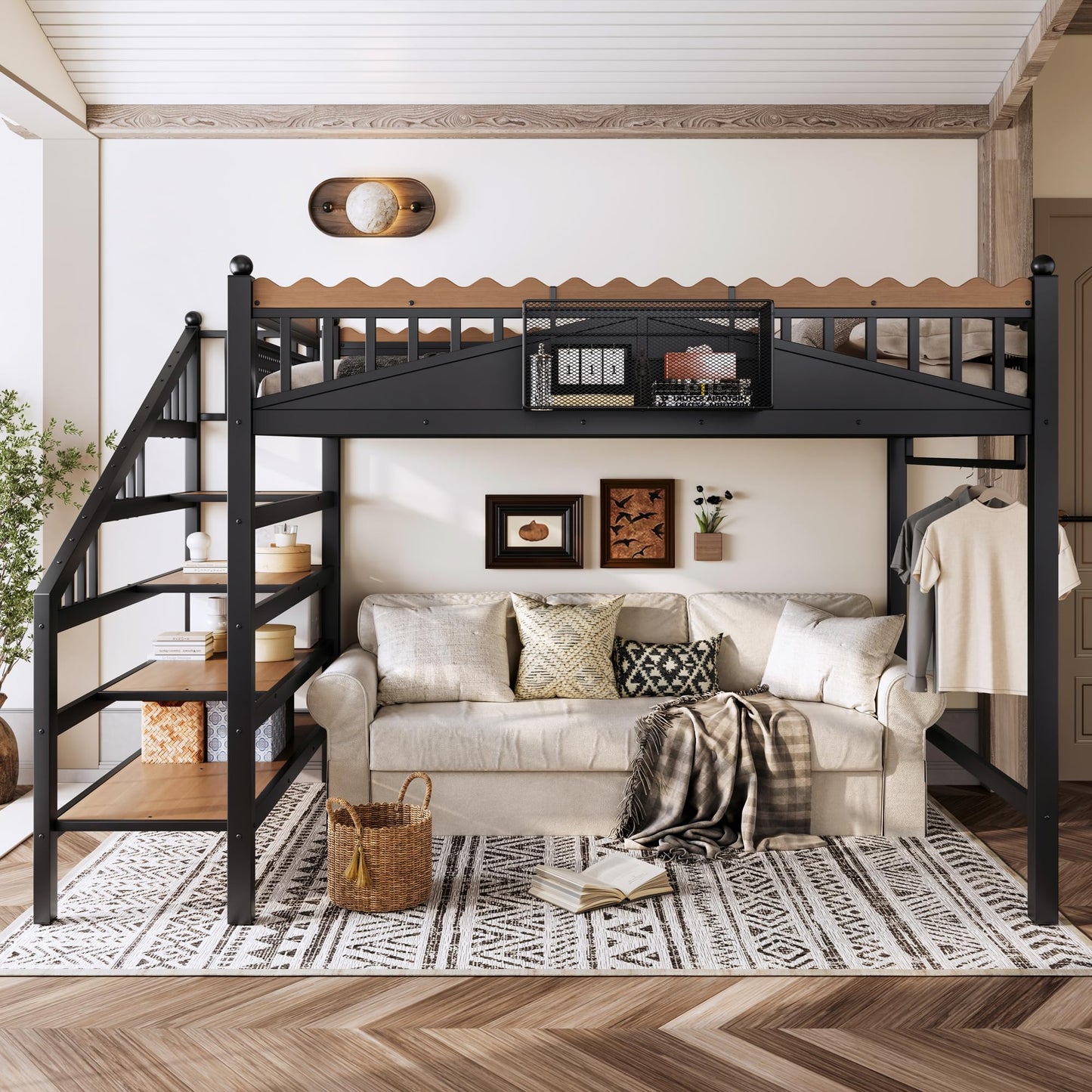 KEIKI Queen Size Loft Bed with Storage Stairs, Metal Loft Bed Frame with Shelves & Bookshelf, Heavy Duty Adult Loft Bed with Guardrails, No Box Spring Needed, Black