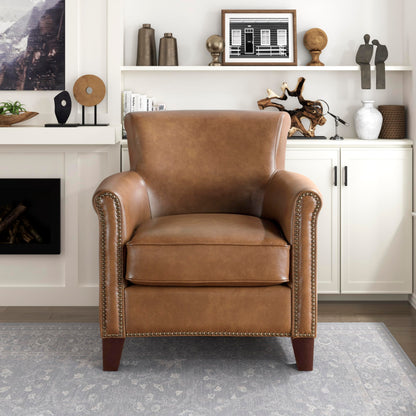 Lexicon 100% Top Grain Genuine Leather Chair, Leather Accent Chairs for Living Room, Solid Wood Frame, Rolled Armrest & Nailhead Trim, Comfy Reading for Bedroom, Office, Waiting Room, Brown