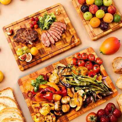 Bamboo Cutting Board Set of 3 for kitchen Checkered End Grain Chopping Boards with Storage Stand & Deeper Juice Grooves | Reversible Butcher Block for Meat, Cheese, Charcuterie & Kitchen Prep