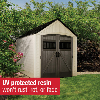 Rubbermaid Resin Outdoor Storage Shed With Floor (7 x 10.5 Ft) Weather Resistant, Brown Gable, Organization for Home/Backyard/Garden Tools/Lawn Mower/Bike Storage/Pool Supplies