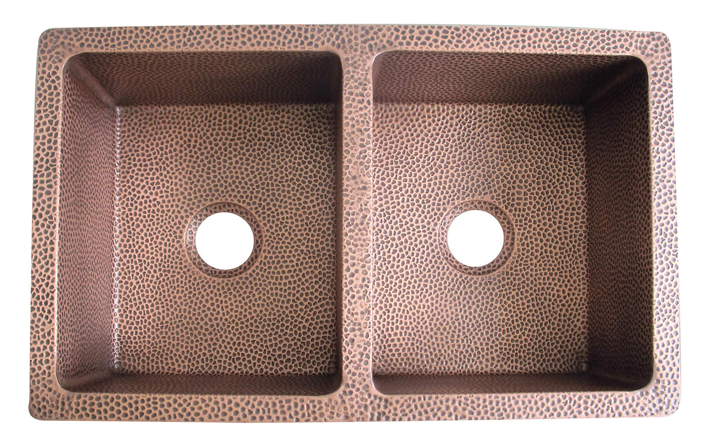 CT Copper Tailor 33" Copper Farmhouse Kitchen Sink 16 Gauge Thick, Hand-hammered Antique Copper 50/50 Double Bowl Sink,Strainer Included