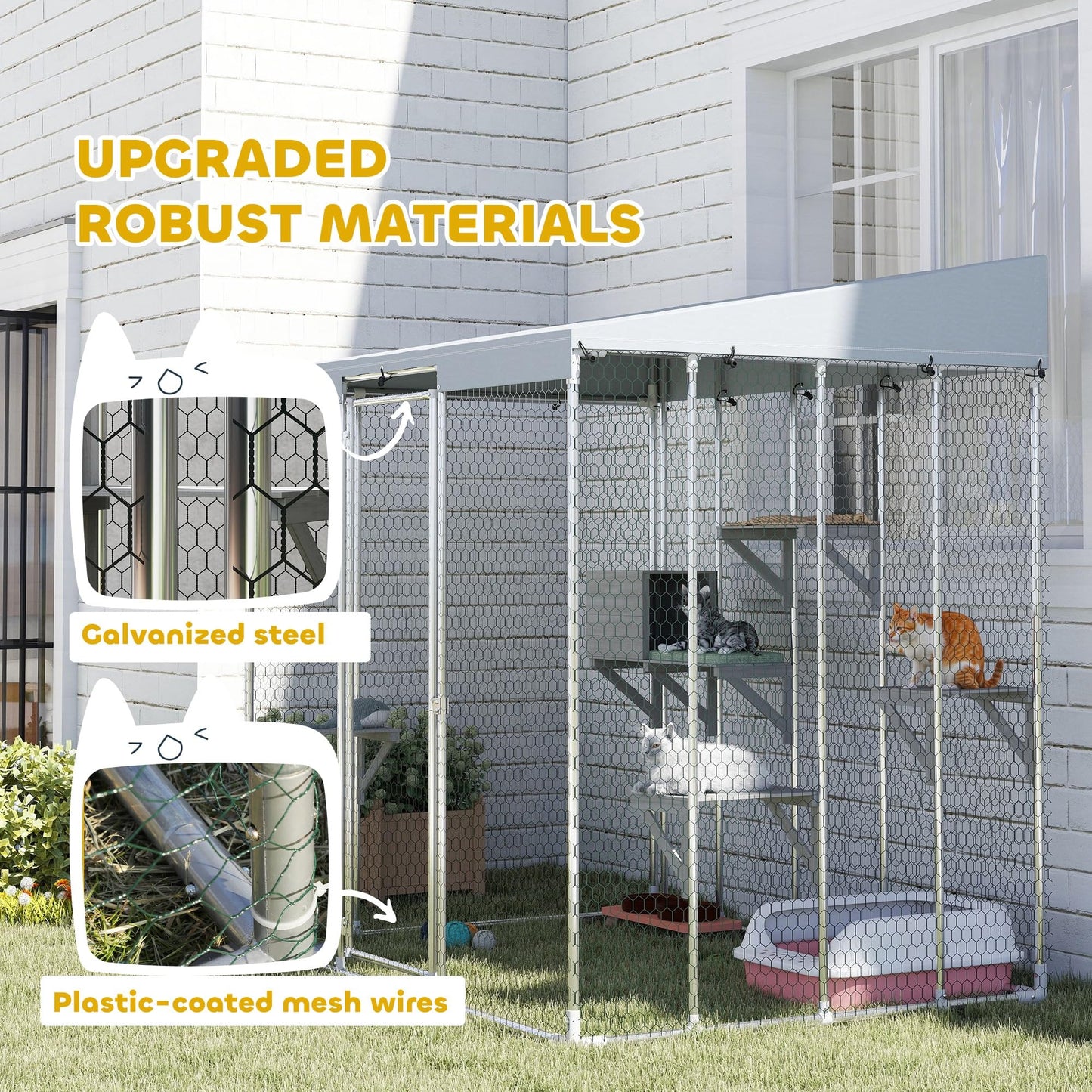 PawHut Catio Outdoor Cat Enclosure, 79" Large Walk-in Cat House with Waterproof Cover, Resting Box, 5 Jumping Platforms, Chicken Run Coop, Rabbit Hutch, Feral Cat Shelter Sloped Roof