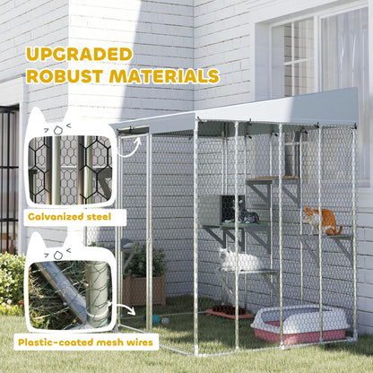 PawHut Catio Outdoor Cat Enclosure, 79" Large Walk-in Cat House with Waterproof Cover, Resting Box, 5 Jumping Platforms, Chicken Run Coop, Rabbit Hutch, Feral Cat Shelter Sloped Roof