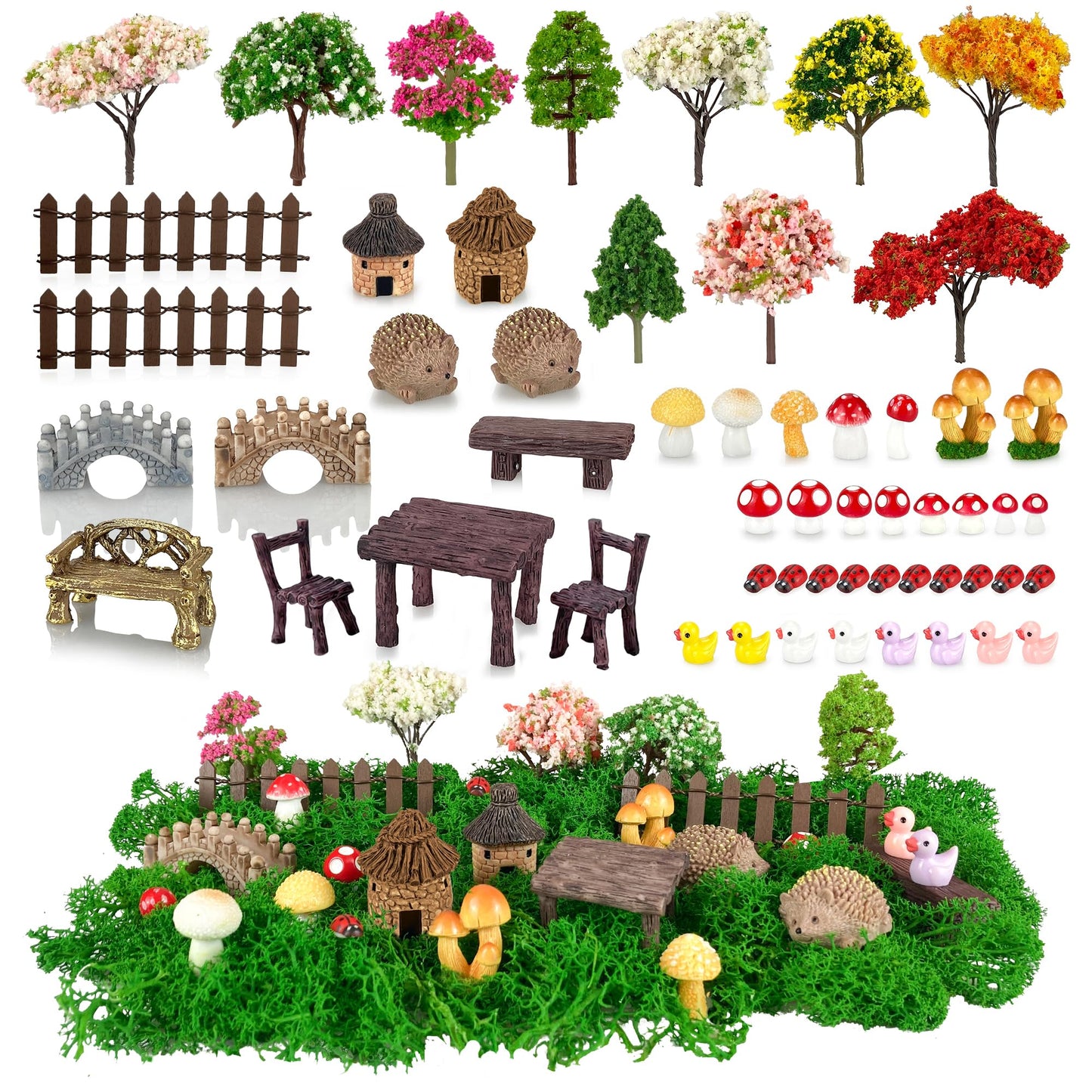 PIVNASY 56 Pcs Fairy Garden Accessories, Mini Resin Animals Figures, Miniature Table and Chairs, Moss Bonsai Micro Landscape Ornaments Kit, Miniature Garden Kit, Terrarium Ornaments DIY Craft