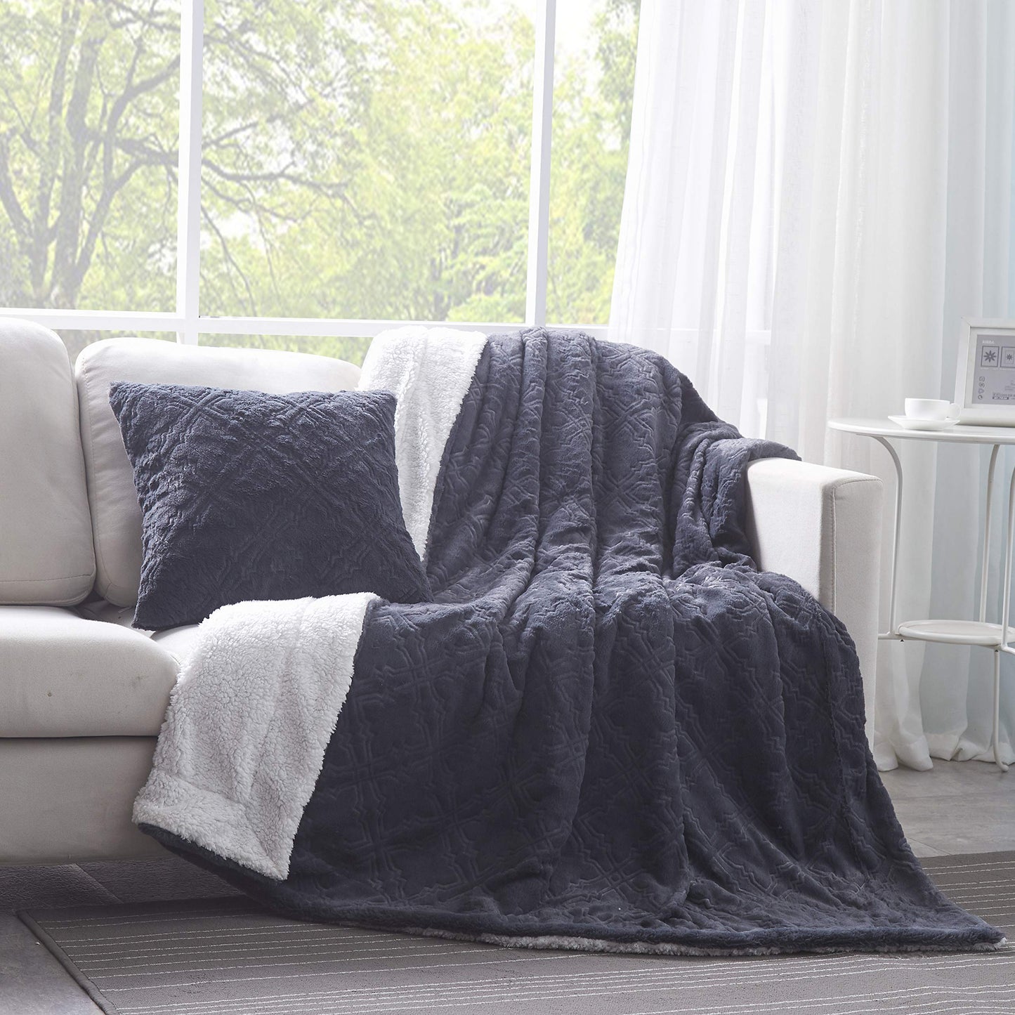 Tache Faux Fur Throw Blanket Dark Slate Navy Blue Diamond Trellis Pattern Super Soft Warm Fluffy Fuzzy Small Decorative Couch Lap White Sherpa Back Throw Blanket, 50x60