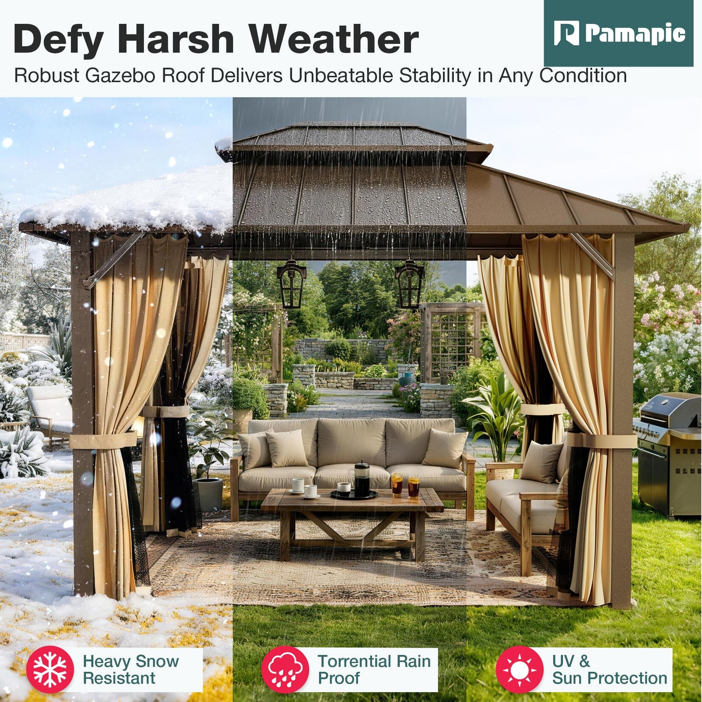 PAMAPIC 10x12FT Hardtop Gazebo,Galvanized Steel Double Roof with Aluminum Frame,Outdoor Permanent Pavilion with Breathable Netting & Privacy Curtain for Patio,Backyard,Deck,Lawn,Brown