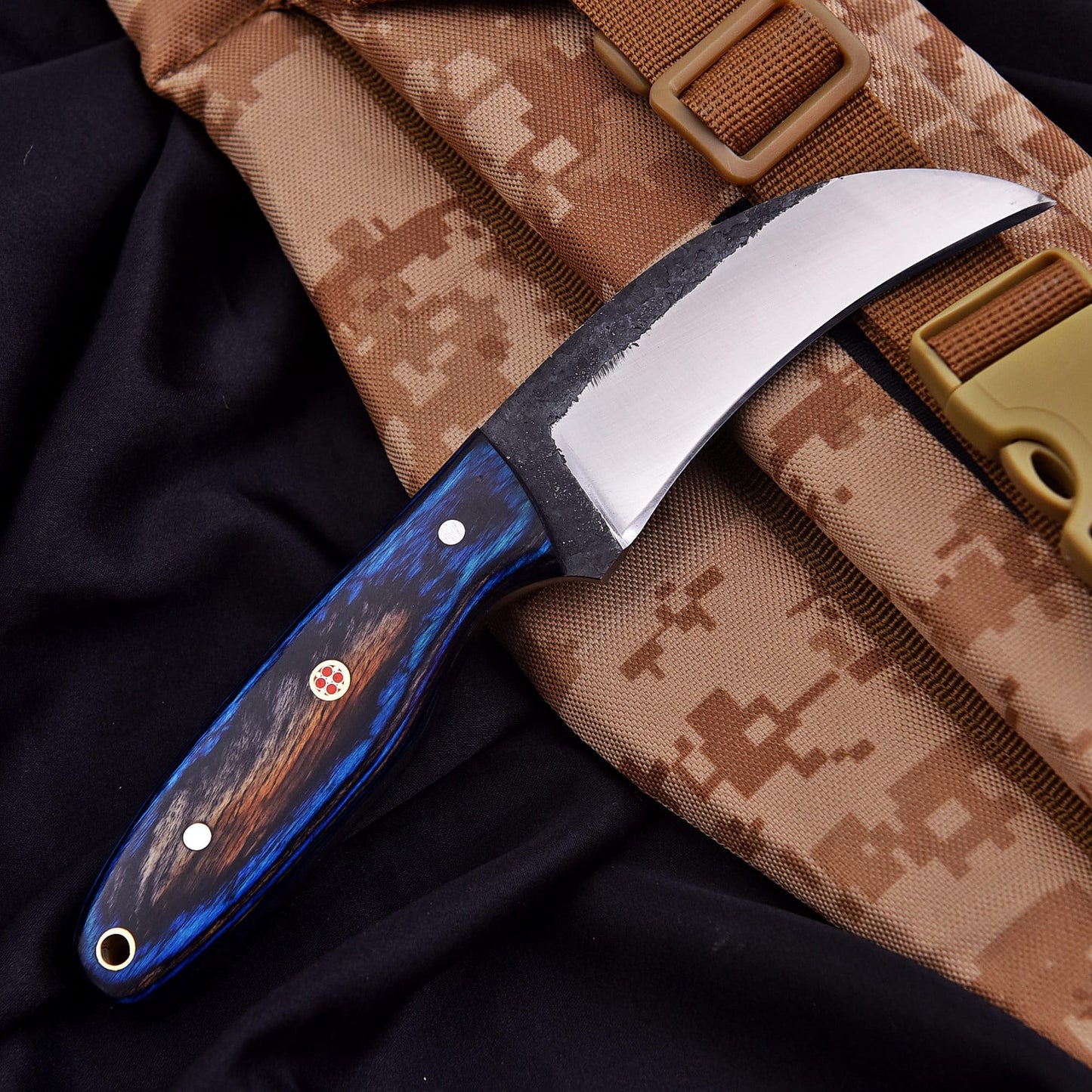 Trade Scorpio Handmade 1095 high Carbon Steel Lineman Hawkbill knife- Wire Skinnning Knives- With Pancake Leather Sheath- Fixed Blade Knife- electrician knife (Blue & black Wood)