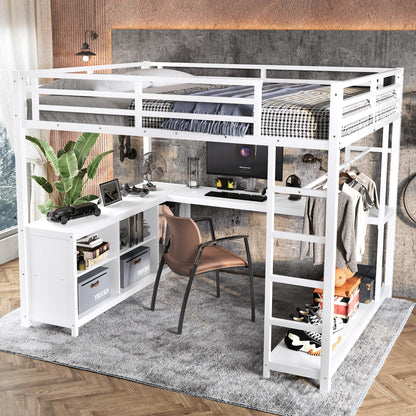 Bellemave Queen Size Loft Bed with Desk & Clothes Rack, All-in-One Heavy Duty Metal Loft Bed Frame with Storage Cube & Shelf, Space Saving Loft Bed Queen Size for Adult, Teen, Kids, Apartment, White
