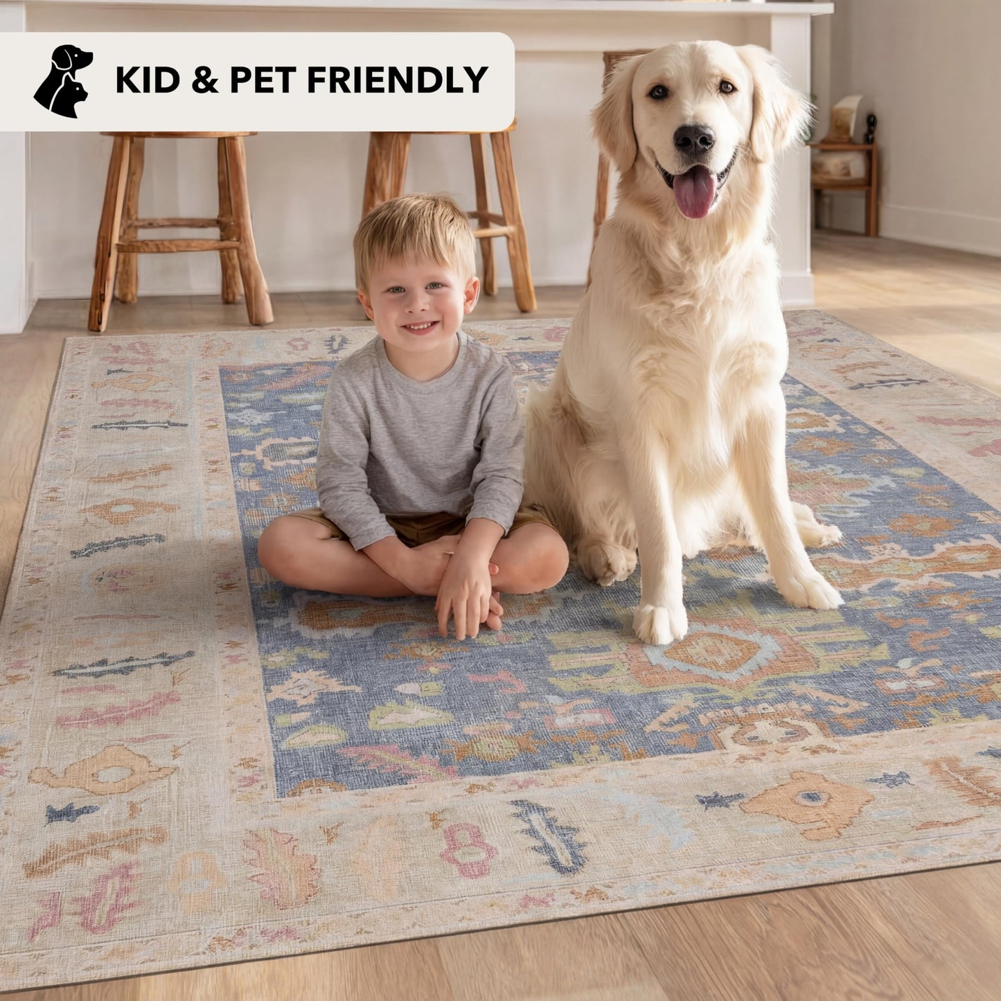 Kuden 10x14 Large Area Rug, Machine Washable Area Rug with Non-Slip Backing, Vintage Style, Soft, Easy Clean, Low Pile Rug for Living Room, Bedroom, Dining Room