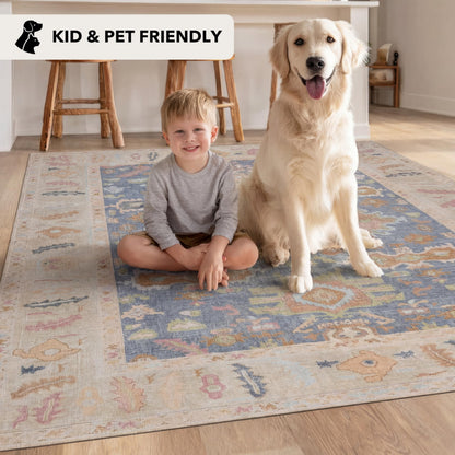 Kuden 10x14 Large Area Rug, Machine Washable Area Rug with Non-Slip Backing, Vintage Style, Soft, Easy Clean, Low Pile Rug for Living Room, Bedroom, Dining Room
