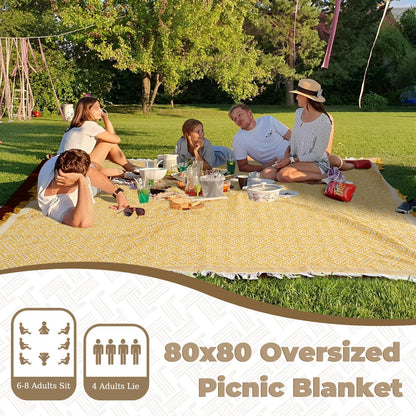 Genovega 2 in 1 Extra Large Rug Outdoor Picnic Blanket Waterproof Woven Boho Mat Giant Beach Towel Travel Essential Yoga Accessories Park Patio Lawn Garden Ground Music Festival Concert Must Have