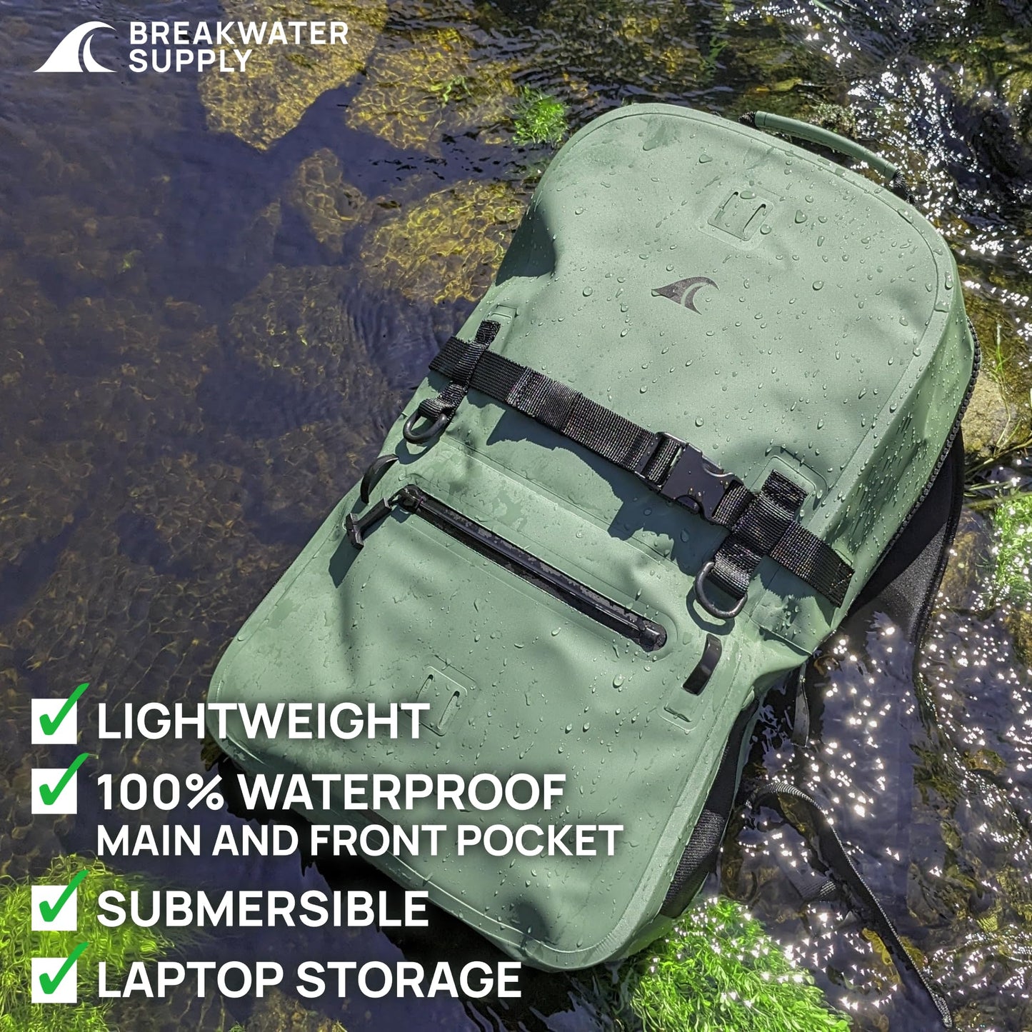 Breakwater Supply™ Fogland Waterproof IP68 Submersible Backpack | Laptop Sleeve & Airtight Zippers for Outdoors, Hunting, Fishing, Waterfowl, Floating Dry Bag, Unisex, TPU (Marsh Green, 25L)