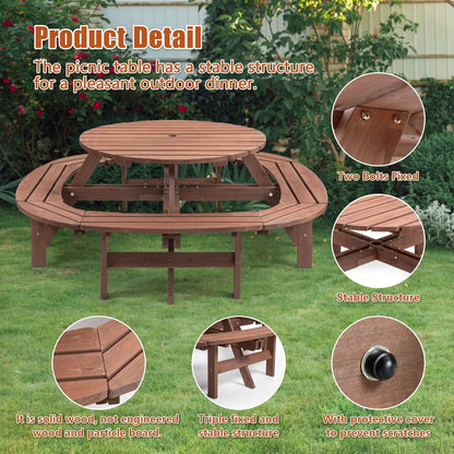 10-12 Person Round Outdoor Wooden Picnic Table with 1.97" Umbrella Hole, 70 Inch Heavy Duty Circular Backyard Patio Garden Table for Large Family Gathering, Rustic Fir Wood Dining Set, Walnut Brown