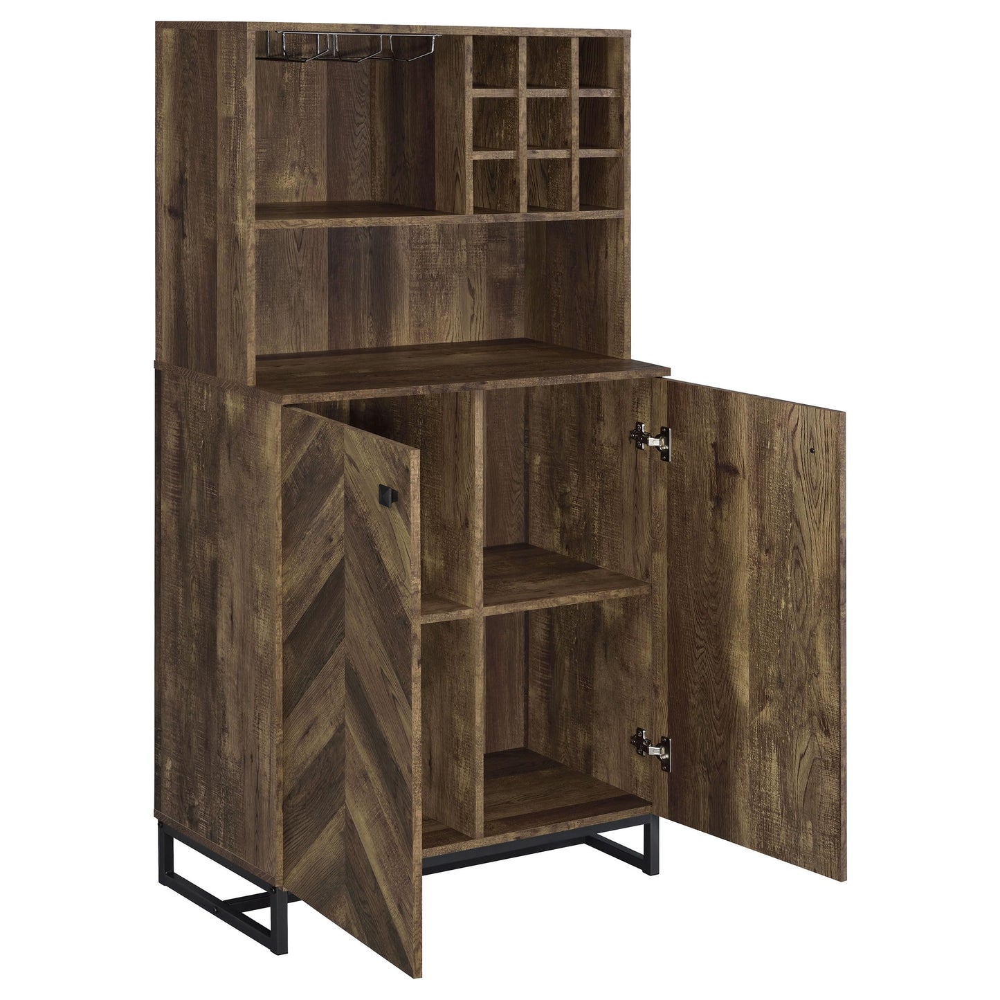 Coaster Home Furnishings - Mendoza - Wood & Metal 2-Door Home Bar Cabinet - Wine Storage with Herringbone Pattern & Stemware Rack - Farmhouse - Dining Room & Home Bar - Rustic Oak - 182082