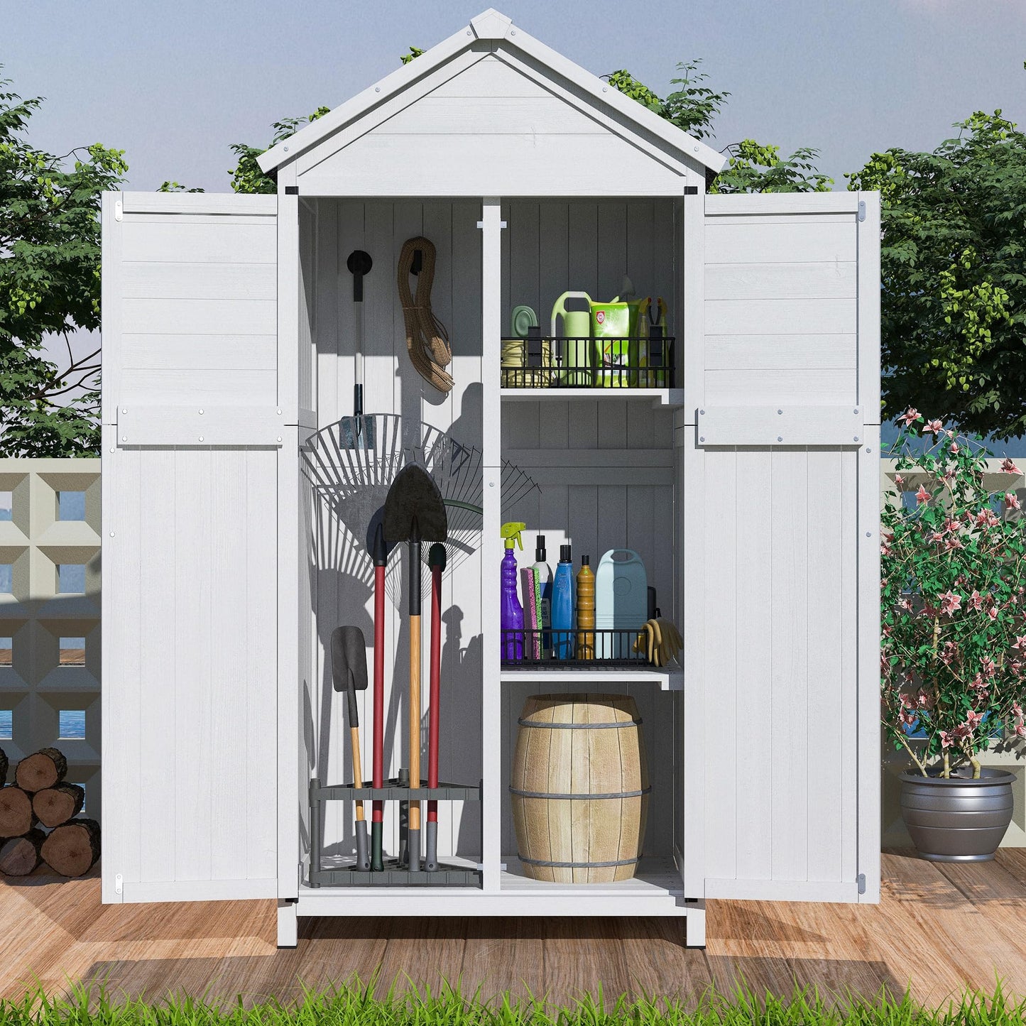 Christopher Knight Home Neapo 67" Outdoor Storage Shed, Spacious Storage Garden Tools Shed, Fire Wood Tall Sheds, Two Open Doors, Wooden Panel Design, Easy Organize Lawn Mowers, Shovels, Pots, White