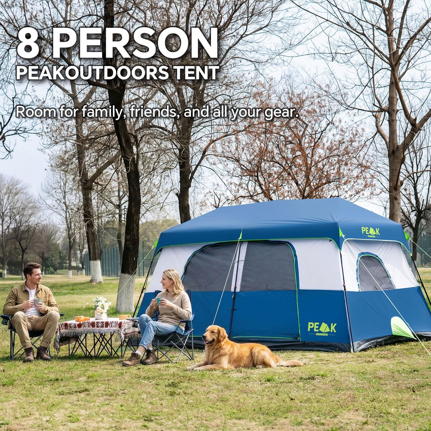 PEAK OUTDOORS Instant Tent 6/8 Person Tents for Camping, 60 Second Easy Setup Portable Camping Cabin Tent with Rainfly, Waterproof Pop Up Tents for Family Camping & Hiking with Expandable Carry Bag