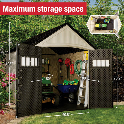 Rubbermaid Resin Outdoor Storage Shed With Floor (7 x 10.5 Ft) Weather Resistant, Brown Gable, Organization for Home/Backyard/Garden Tools/Lawn Mower/Bike Storage/Pool Supplies