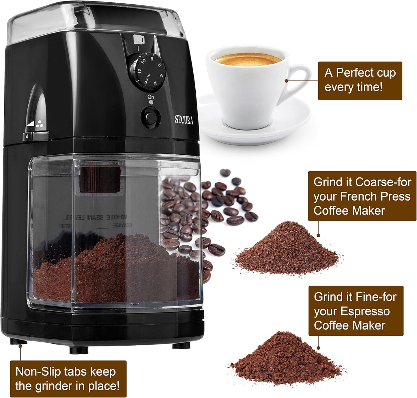 Secura Electric Burr Coffee Grinder Mill, Adjustable Cup Size, 17 Grind Size Settings for Drip, Percolator, Black
