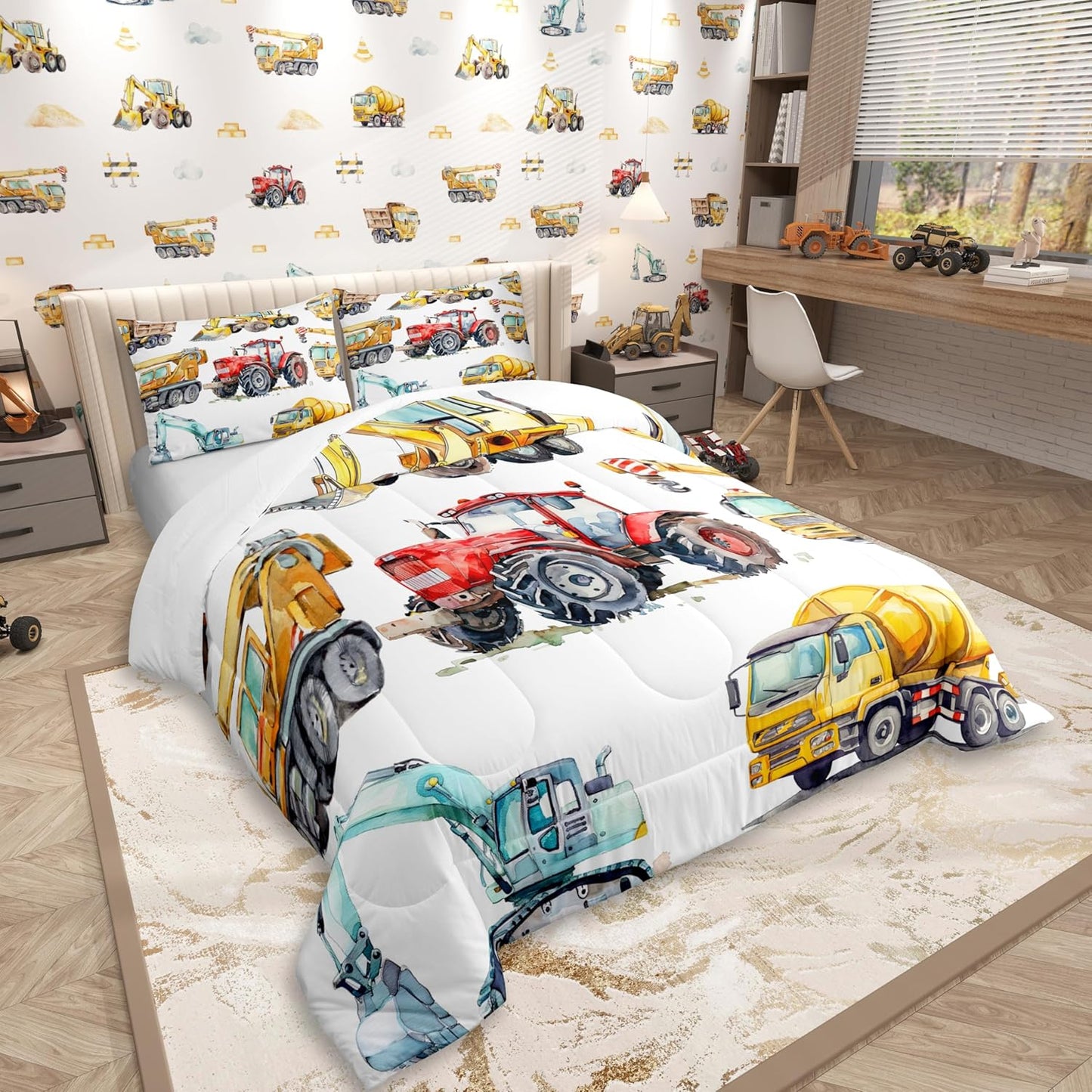 Set Set Erosebridal Kids Excavator Comforter Twin Size, Retro Truck Down Comforter for Boys Girls Teens, Tractor