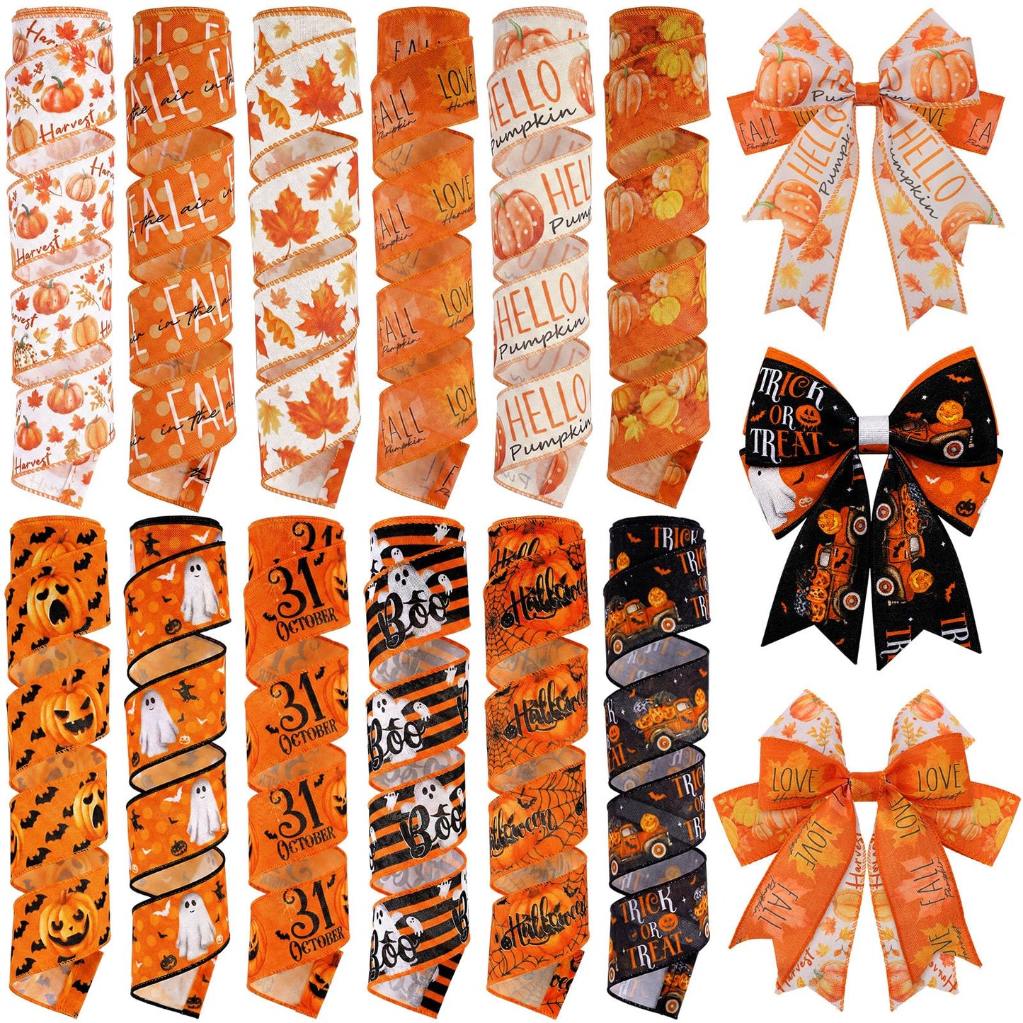Chunful 12 Rolls Halloween Fall Wired Edge Ribbon 2 Inch x 60 Yards Halloween Fall Ghosts Pumpkins Print Grosgrain Ribbon Orange for Wreath Gift Wrapping Hair Bow Sewing Party Supplies 12 Styles