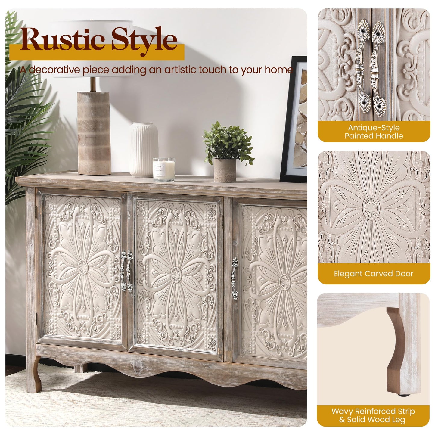 RoyalCraft Farmhouse Sideboard Buffet Cabinet with Storage, 49" Solid Wood Credenza Buffet Table Coffee Bar Wine Bar Storage Cabinet with 3 Doors for Dining Room Living Room Hallway, (Provence Gray)