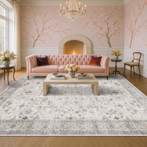 Hazo Haus Boho Living Room Rug - Light Grey Floral Design | Washable Low Pile 9x12 Extra Large Area Rug