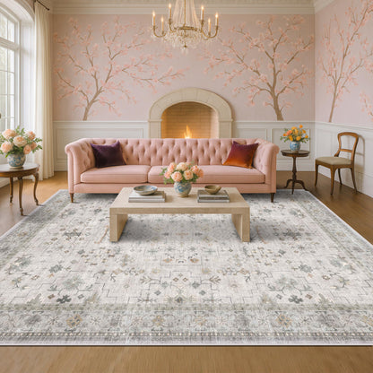 Hazo Haus Boho Light Grey Living Room Rug 10x14 - Modern Vintage Eclectic Floral Pastel Neutral Taupe, Washable Low Pile Non-Slip Extra Large Area Rugs for Dining Under Table Bedroom Lounge