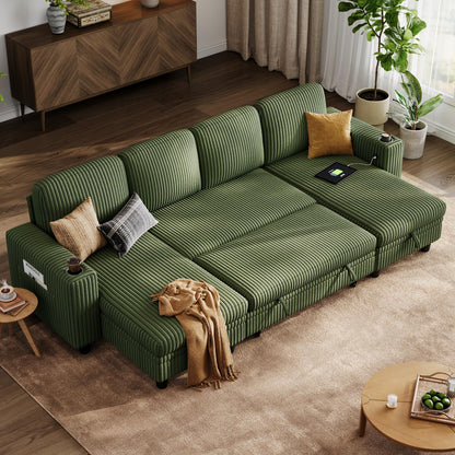 LINSY HOME Pull Out Sofa Bed Sectional Sleeper Sofa with Storage, Plush Corduroy Pullout Modular Sectional Couches for Living Room, U Shaped Convertible Couch Bed for Apartment (Green)