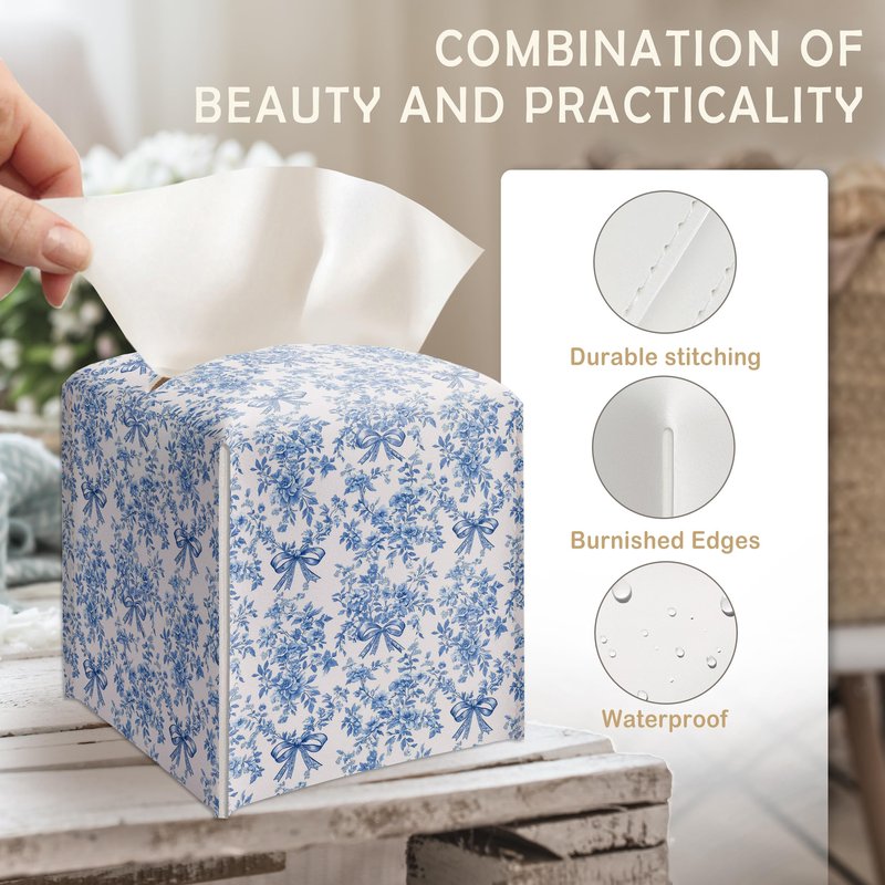 Blue Chinoiserie Bow Tissue Box Cover, Tissue Box Cover Square, Gifts for Women Men Friends, Decorative Facial Paper Case for Home Office Bathroom Vanity Countertop-A09