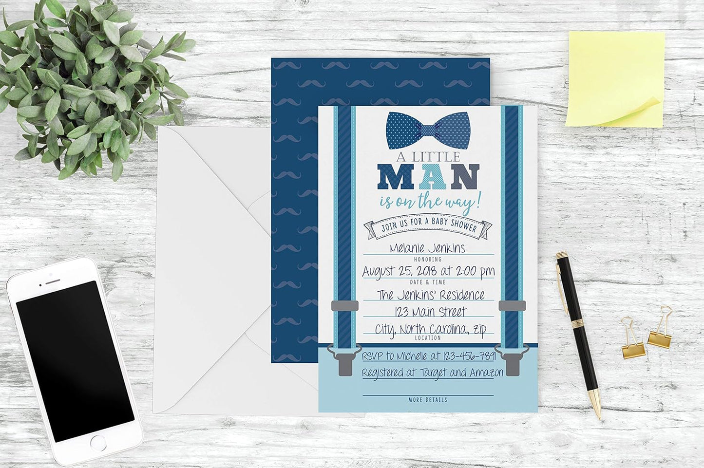 Your Main Event Prints Boy Baby Shower Invitations, 20 with Envelopes & Diaper Raffle Cards, Little Man, Sprinkle