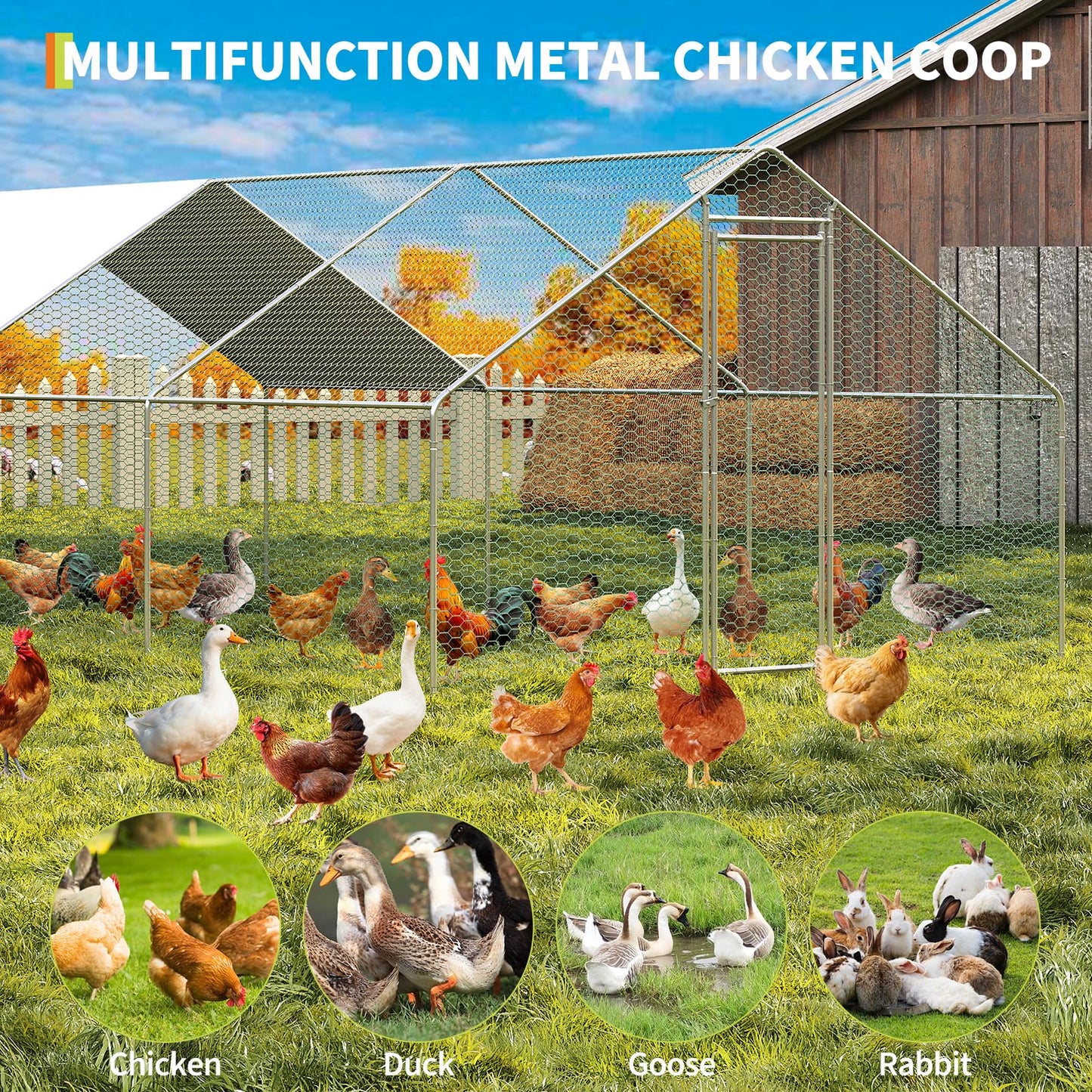 Garvee Large Metal Chicken Coop, Chicken Coop Run, Outdoor Chicken Pen with Waterproof & Anti-UV Cover, Large Chicken Run for Outdoor Farm Yard (19.7 ft L x 6.6 ft W x 6.6 ft H)