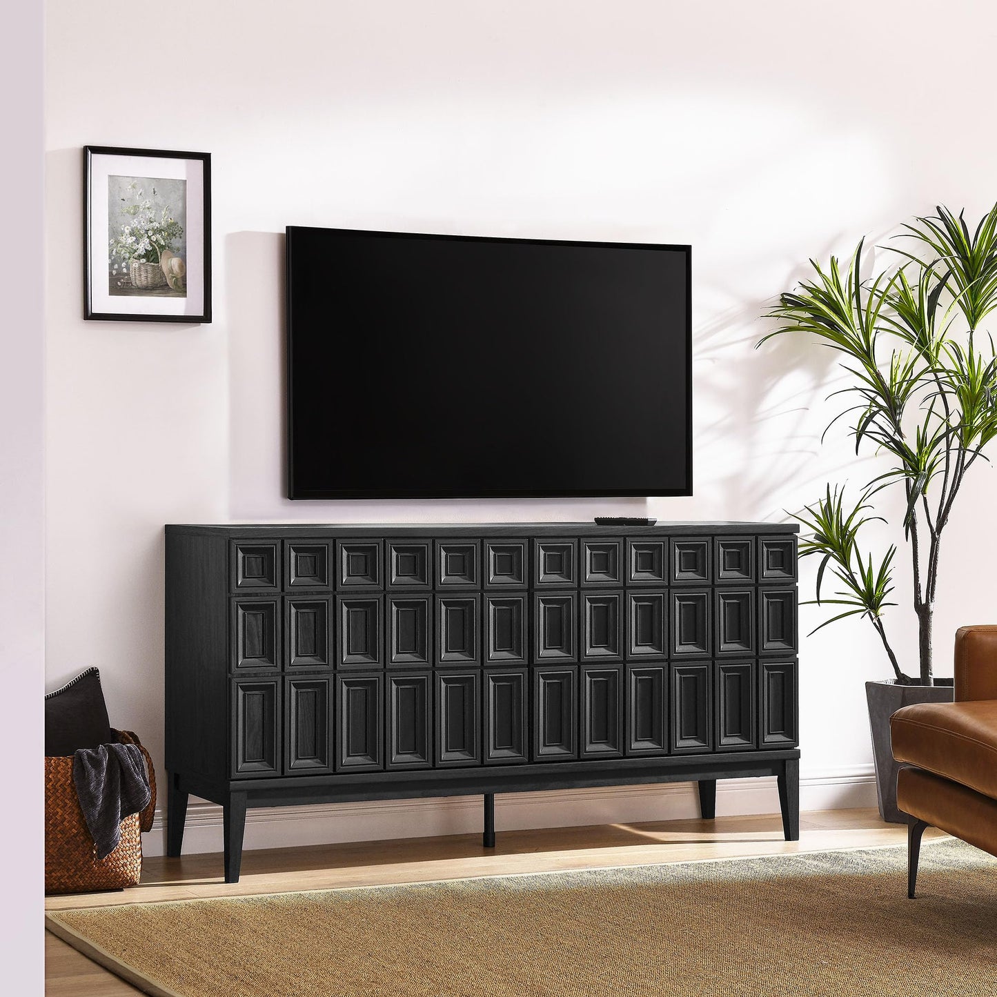 Modway Samos 62 Inch Retro Modern Sideboard with Storage in Black - Geometric Door Design Buffet Cabinet for Dining Room, Hallway, Living Room - Media Console Stand for Wall-Mounted TVs