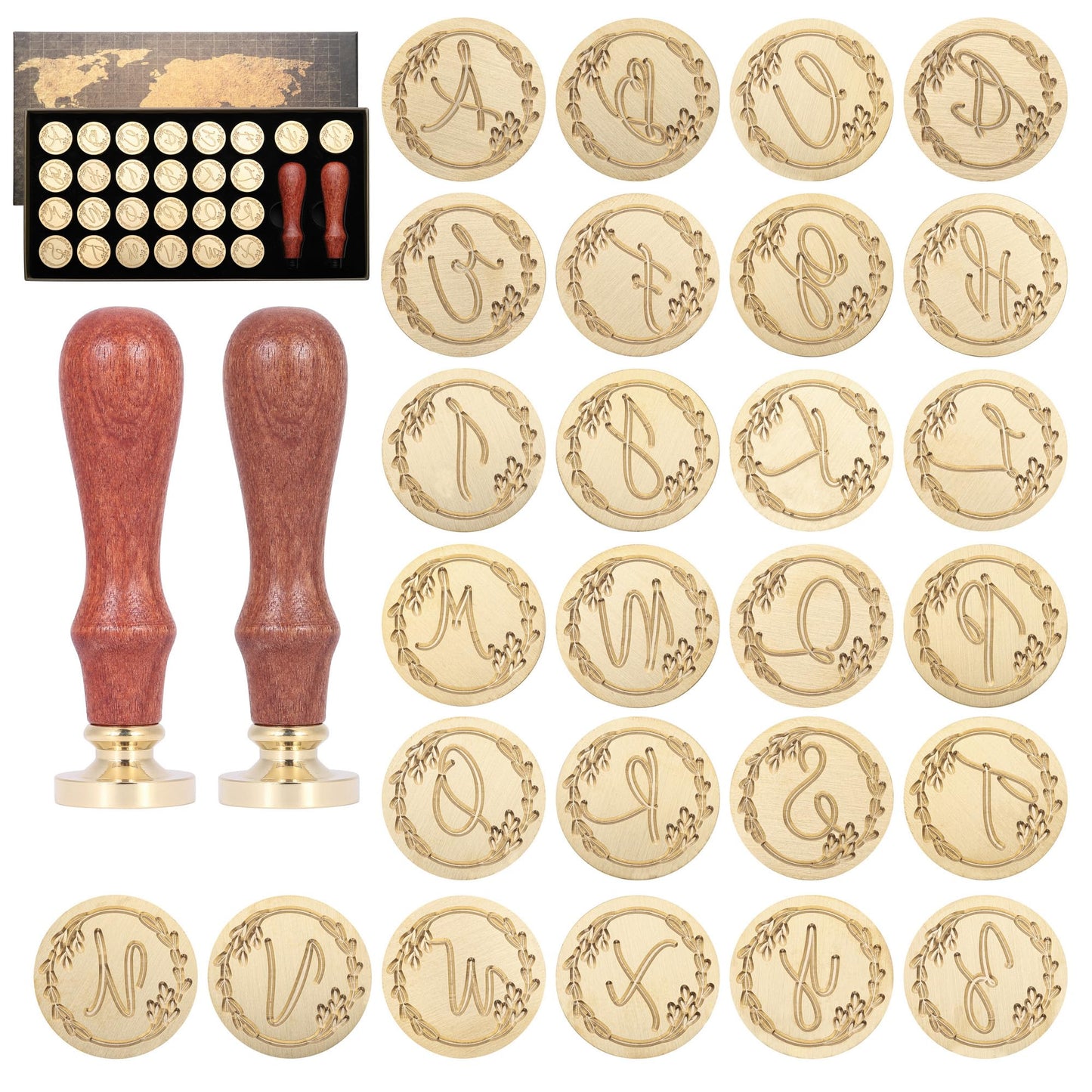 Yoption 26 Letters A-Z Initial Alphabet Wax Seal Stamp Kit, Vintage Handwritten Letter Sealing Wax Stamp with 2pcs Wooden Handles (A-Z)