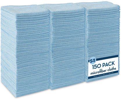 S&T INC. 150 Pack Microfiber Cleaning Cloth, Bulk Towels for Home, Reusable Microfiber Towels for Cars, Cleaning Rags, Light Blue, 11.5 Inches x 11.5 Inches, 150 Count