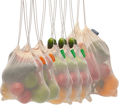 6 Reusable Produce Bags, Organic Cotton Mesh Grocery Bags, Washable, for Vegetables