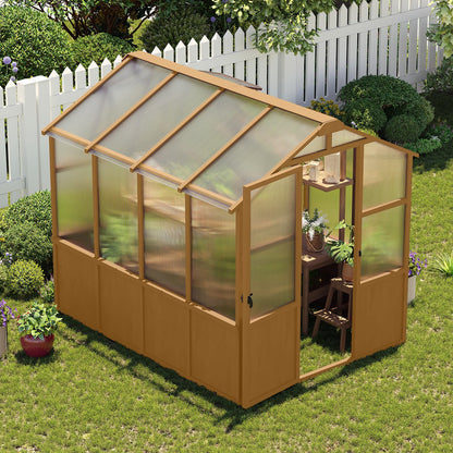 6x8 FT Outdoor Wood Greenhouse, Heavy Duty Solid Pine Wooden Walk-in Green House with 6MM Thick Polycarbonate Panels, Adjustable Roof Vent and Lockable Door, Garden House for Backyard Patio Lawn