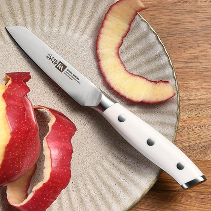 Klaus Meyer Stahl 3.5 inch Paring Knife High Carbon Exclusive German Steel Fruit Knife, Small Kitchen Knife with Ergonomic Handle (White)