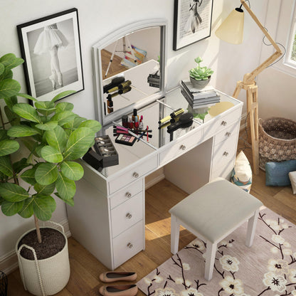 24/7 Shop at Home Juno Modern White Vanity Desk with Mirror and LED Lights, Makeup Table with 9 Drawers, Upholstered Stool with Wood Legs, Bedroom Furniture Set, Dressing Room, Youth Room