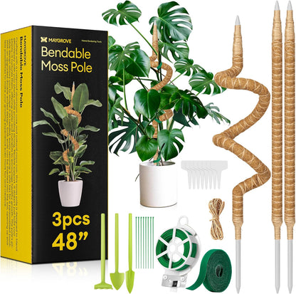Maygrove 48” Bendable Moss Pole - 3-Pack Plant Support for Monstera & Climbing Indoor Plants