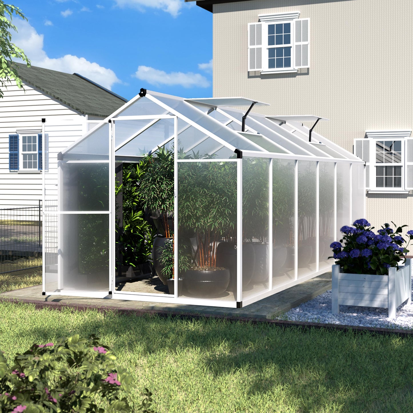Yardenaler 6' x12' Double-Wall Polycarbonate Aluminum Greenhouse Kit for Outdoor, Walk-in Greenhouse with Lockable Door and Adjustable Roof Vent, Backyard Garden in Winter, White