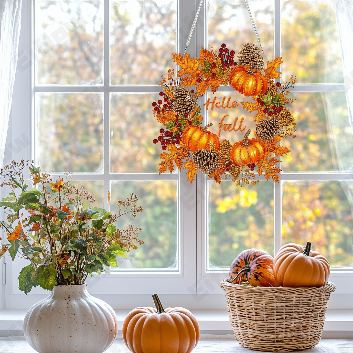 Eiflow Fall Diamond Art Hanging Kit for Adult Pumpkin Wreath, DIY Acrylic Diamonds Painting Ornament Double Sided Pendant Board Kit(Hello Fall)