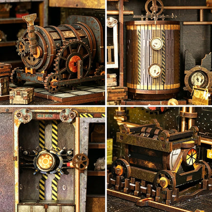 DGRENA Book Nook DIY Miniature House Kit, Steampunk Industrial 3D Wooden Puzzle Bookend with Touch LED Lights, Rotating Gears Mechanical Bookshelf Insert Decor Crafts for Adults Teens Gift