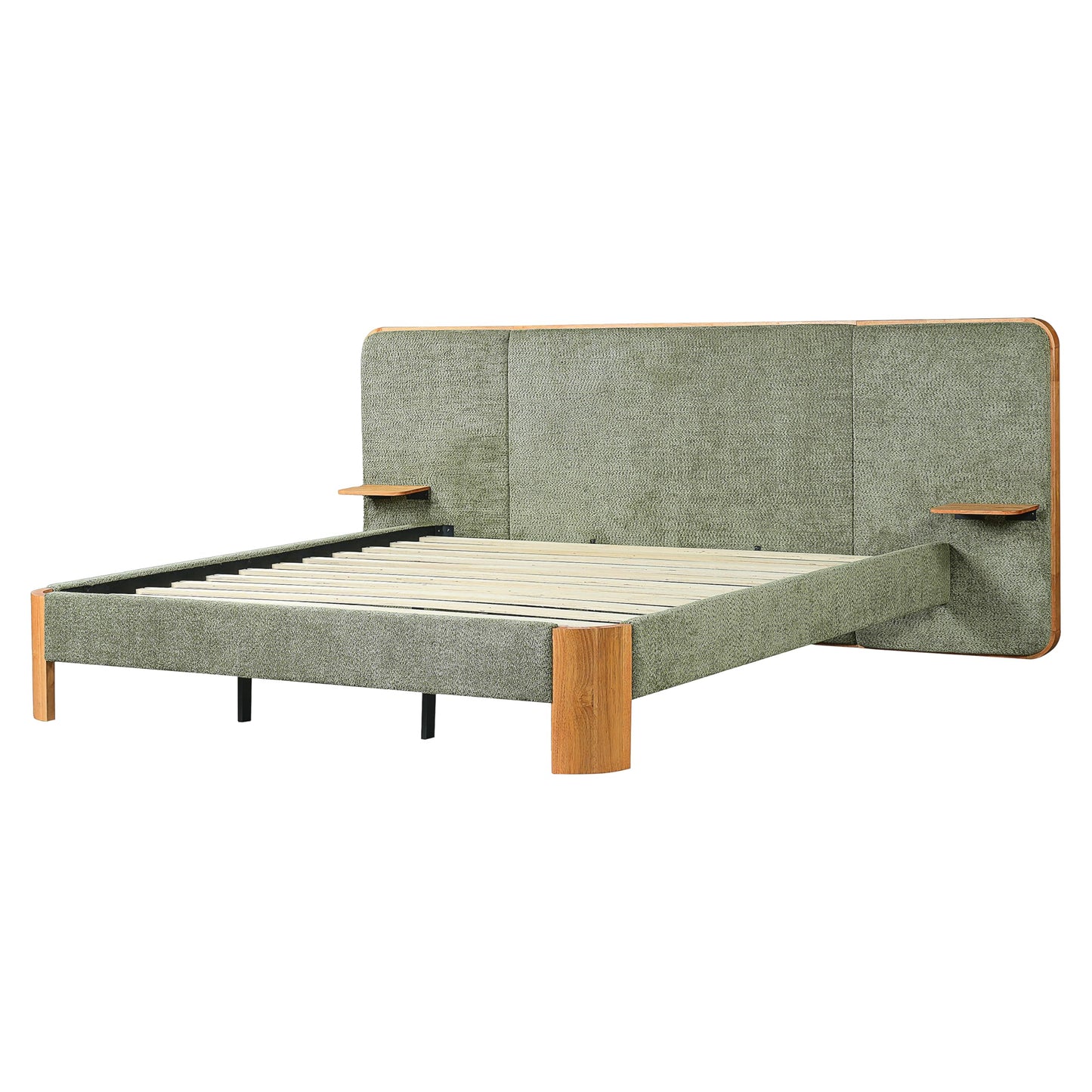 Christopher Knight Home Lana Boucle Upholstered King Bed Frame and Headboard, King Size Bed Frame with Built-in Floating Shelves, Metal + Wooden Slats Support, No Box Spring Needed, Green + Natural