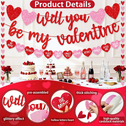 Valentines Day Decorations, No DIY Glitter Red Pink Will You Be My Valentine Banner Hollowed Conversation Heart Banner Heart Garlands String for Valentines Home Mantle Wall Office Decor Supplies