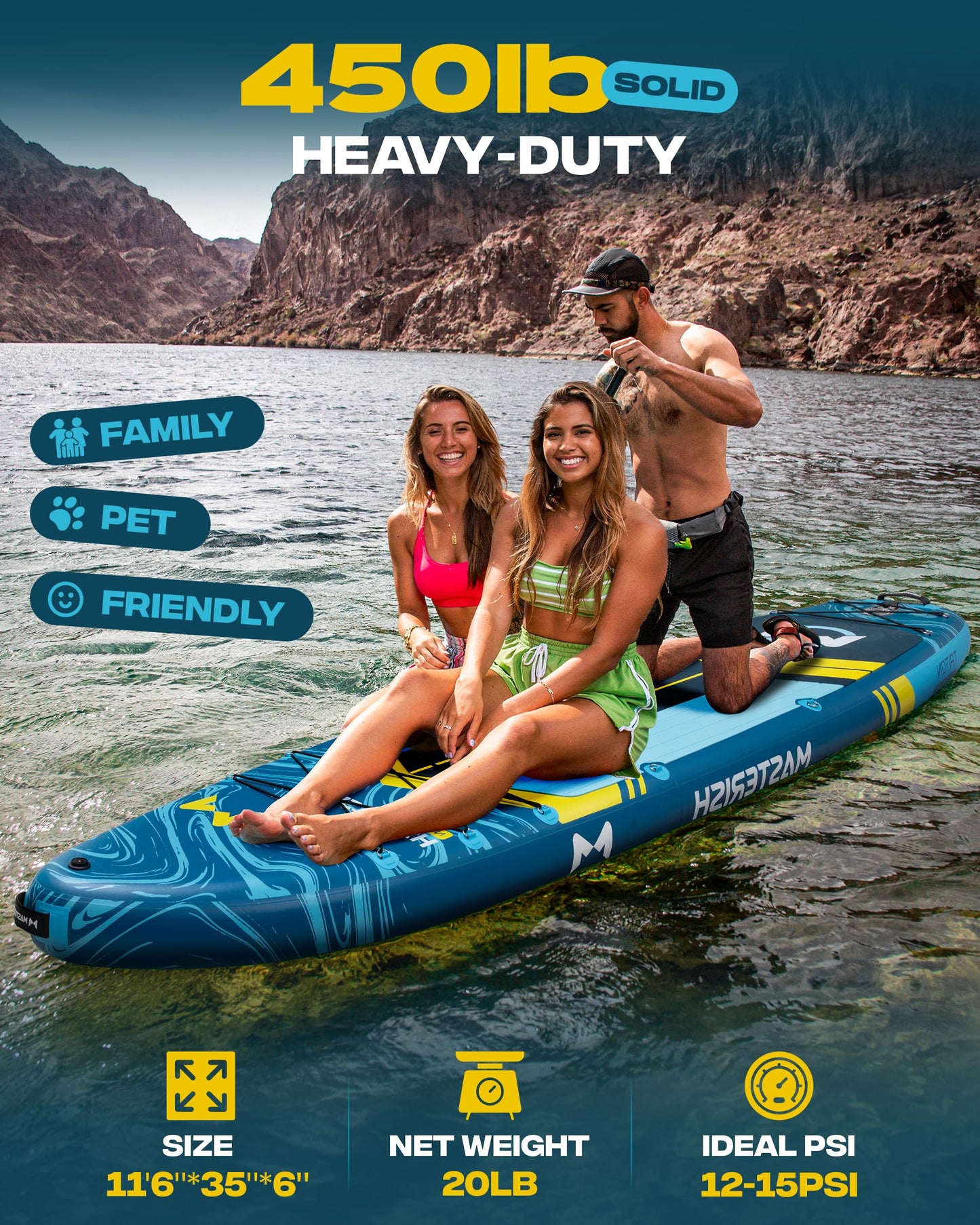 MASTERISH Extra Wide Inflatable Paddle Board 11’6 x 35’’ x 6’’, 450 LB High Weight Capacity SUP, Wide Stable Stand Up Paddle Board for Heavy People, Family & 2/3 Person, XL All-Around Paddleboard