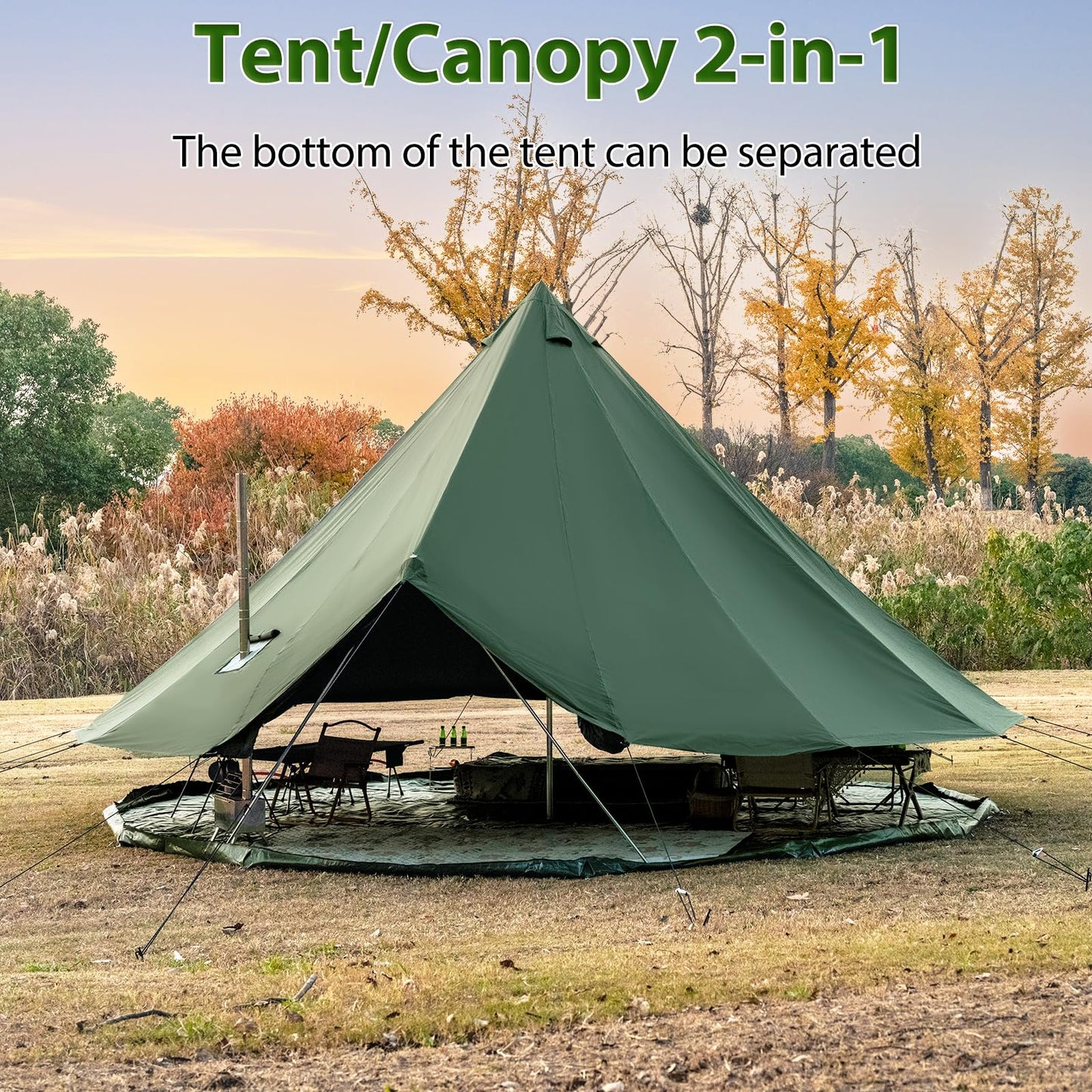 WaldZimmer Canvas Bell Tent 19.7ft Green with Stove Jack and Zipped Removable Floor, Luxury Outdoor Glamping Yurt Cotton Tent for Family Truck Car Camping Hunting Party