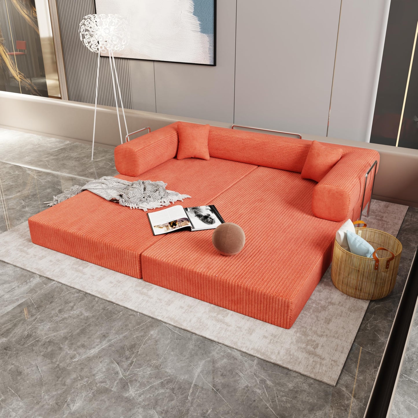 KEIKI Convertible Futon Floor Sofa Bed with Pillows, Corduroy Foldable Sleeper Couch for Living Room & Bedroom, Tangerine