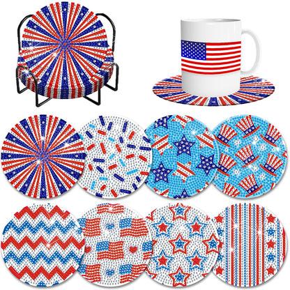 8 Pieces Patriotic Diamond Coasters with Holder DIY Cute 4th of July Diamond Art Coasters 5d Independence Day 5d Diamond Coasters for Beginners Adults Art Craft Supplies Gift