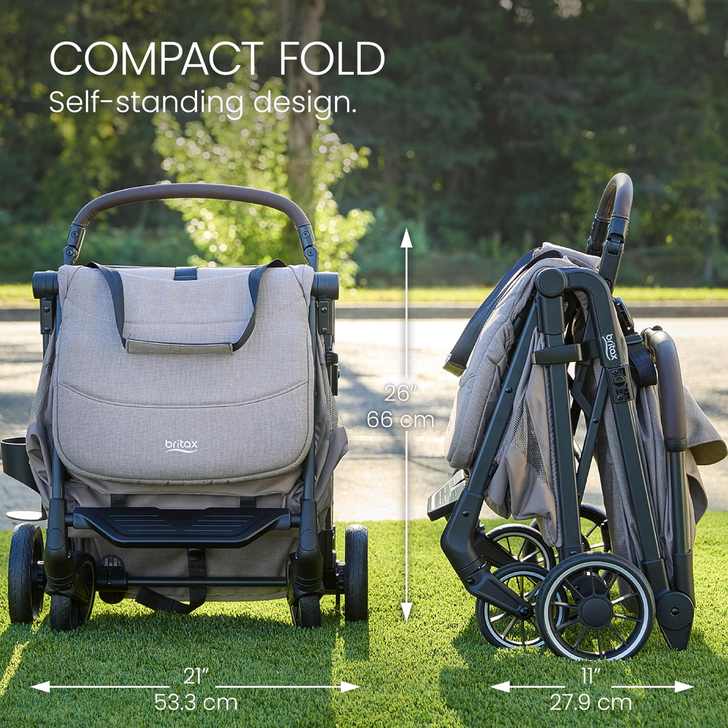 Britax Juniper+ Compact Stroller, Portable & Lightweight On-The-Go Stroller with Fastpack & One-Hand RapidFold, Infant Car Seat Compatible, Built-in Carry Strap, Ventilating Fabrics — Raven Black